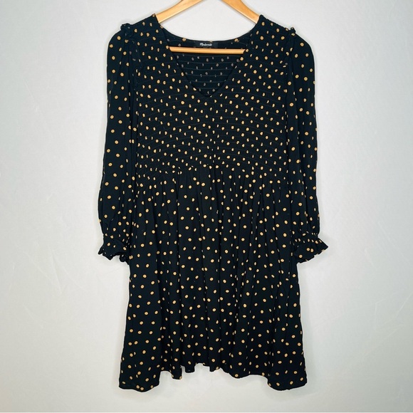 Madewell Lucie V-Neck Smocked Mini Dress in True Black Oval Dot. Size Medium. - Picture 5 of 10